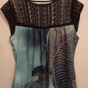 Unbranded Blouse, Women’s Sz Medium Teal Aqua Emerald Green Abstract Marble EUC